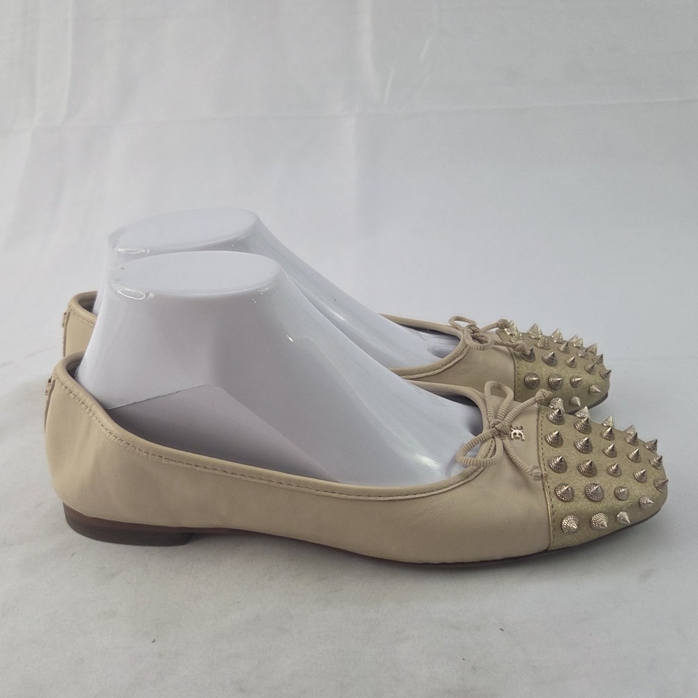 Sam Edelman Ballet Flats Womens 9 Beige Leather Studded Cap Toe Bow Slip On - Picture 4 of 9